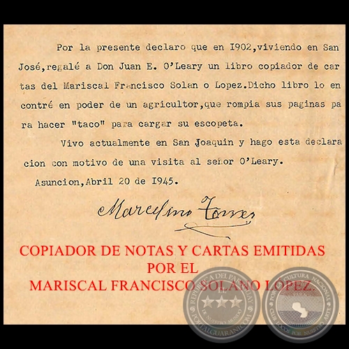 COPIADOR DE NOTAS Y CARTAS EMITIDAS POR EL MARISCAL FRANCISCO SOLANO LPEZ.